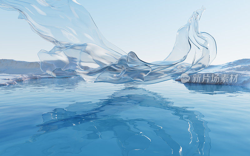波纹湖与透明流动的布料，3d渲染。