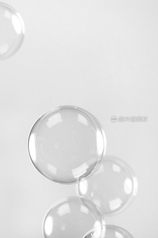 透明的肥皂泡在黑色的背景在黑白