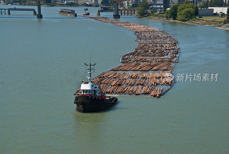 一艘拖船在弗雷泽河上操纵一个圆木栅栏