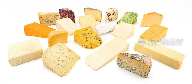 19种不同的英国奶酪在白色的背景上