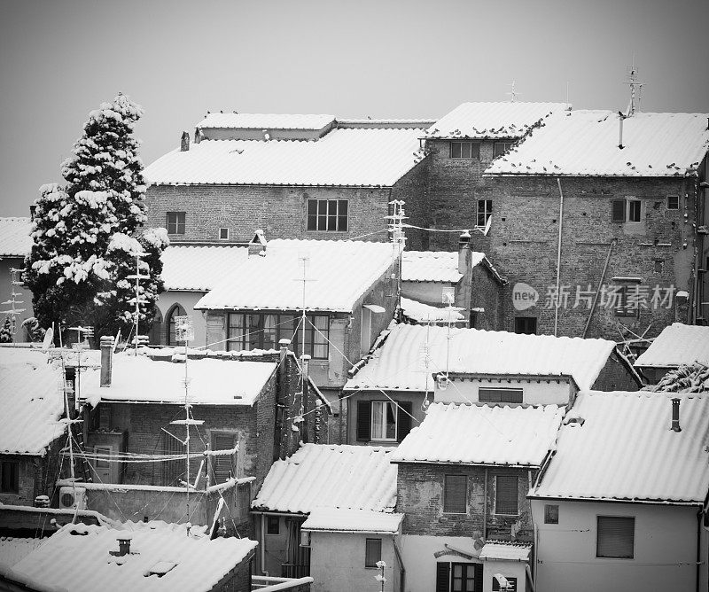 冬季全景图，1月份屋顶覆盖着积雪的房屋