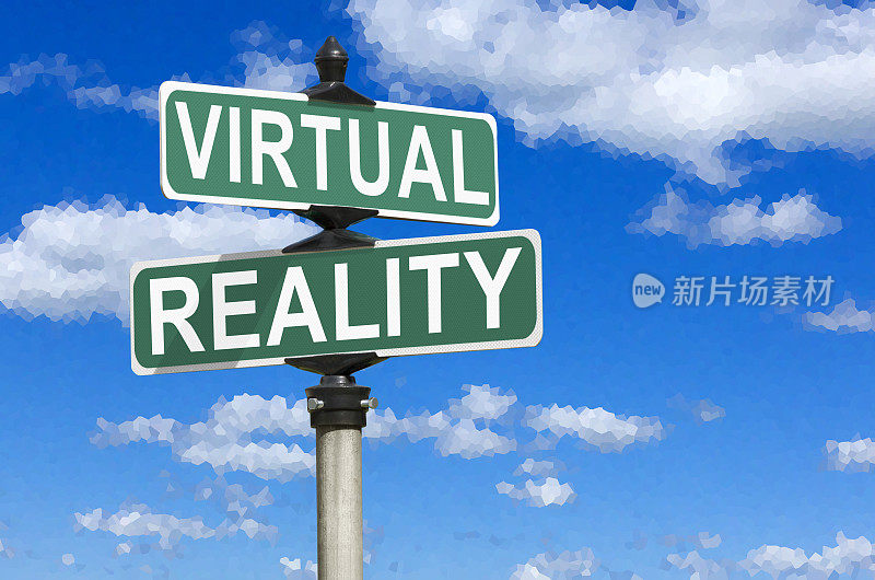 虚拟现实街道标志与像素化天空在背景