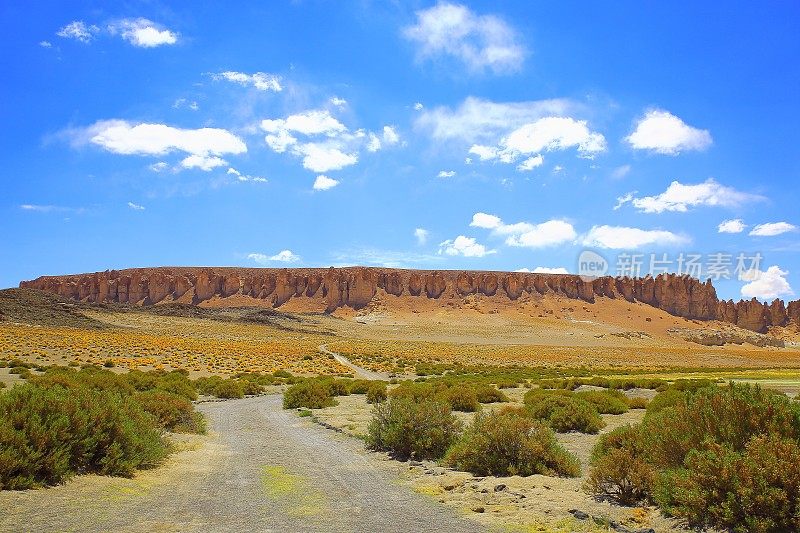 乡村土路到田园诗萨拉尔德塔拉岩层大教堂石头-火山和田园诗阿塔卡马沙漠高原，火山景观全景-圣佩德罗德阿塔卡马，智利，Bolívia和阿根廷边境