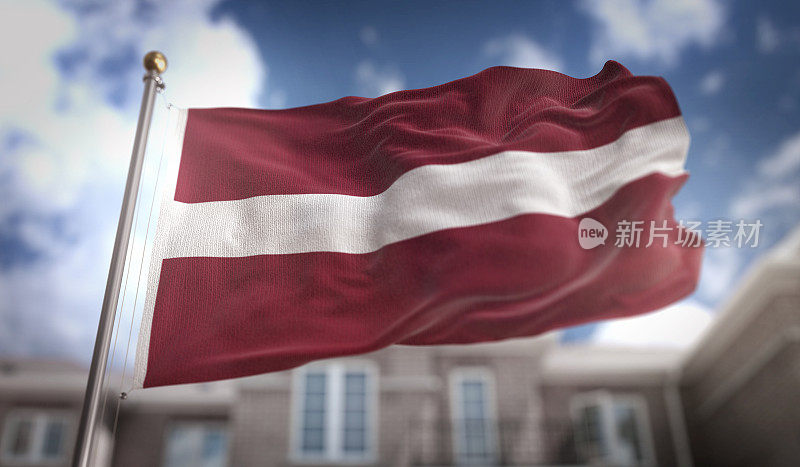 拉脱维亚国旗3D渲染蓝天建筑背景