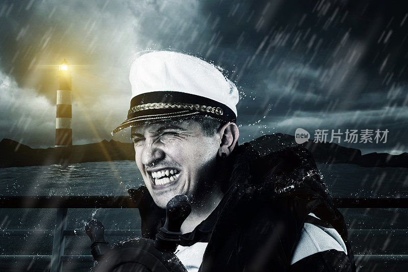 舵手穿着背心和帽子与风暴搏斗