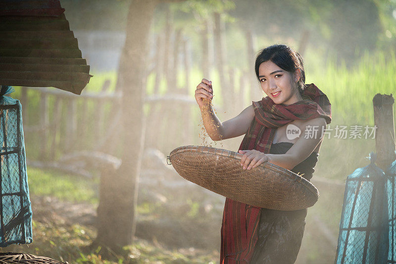 泰国农村亚洲农村妇女的生活方式。泰国农村妇女的日常生活，亚洲人在农田里。