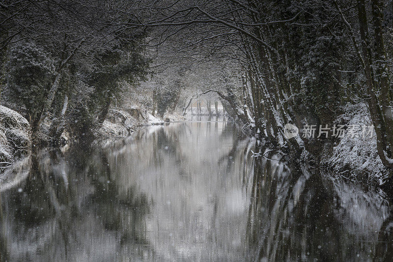 北约克郡雪地里的一条运河