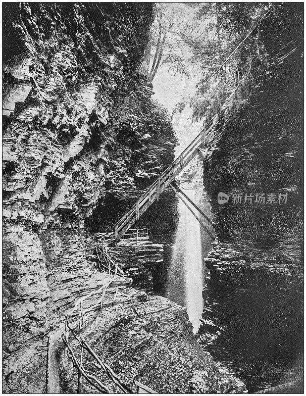 美国著名风景的古董照片:躲猫猫瀑布，图克利夫特，沃特金峡谷，纽约