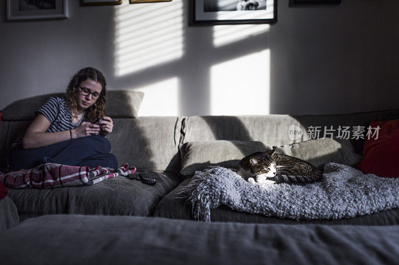 一个年轻的女人在沙发上给这只猫拍照