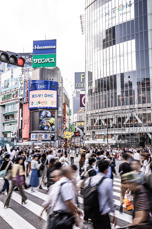 东京市中心涩谷十字路口的交通高峰期