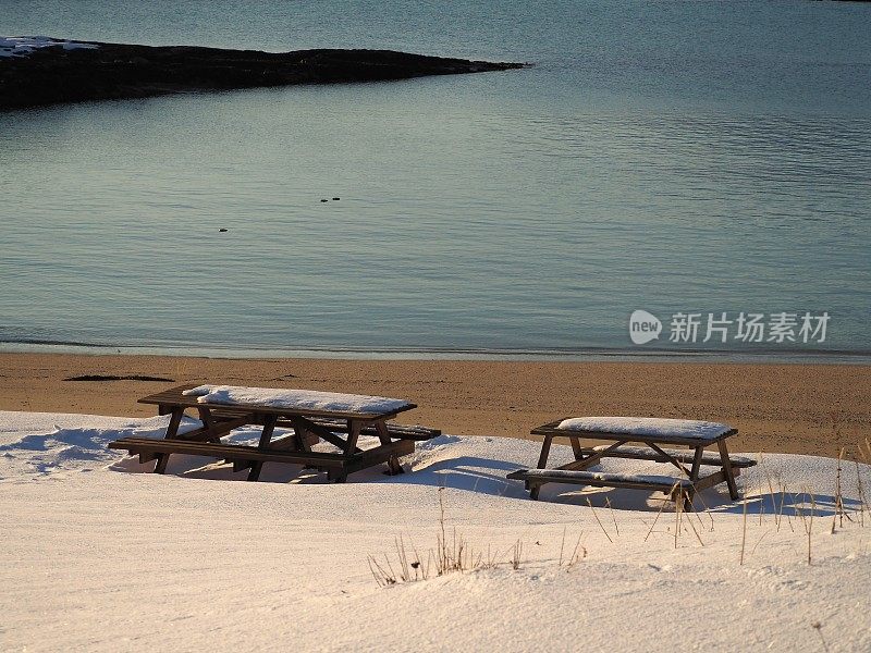 挪威海滩上的两张长椅，上面覆盖着雪