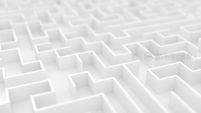 白色迷宫背景与景深。无尽的迷宫3d插图。