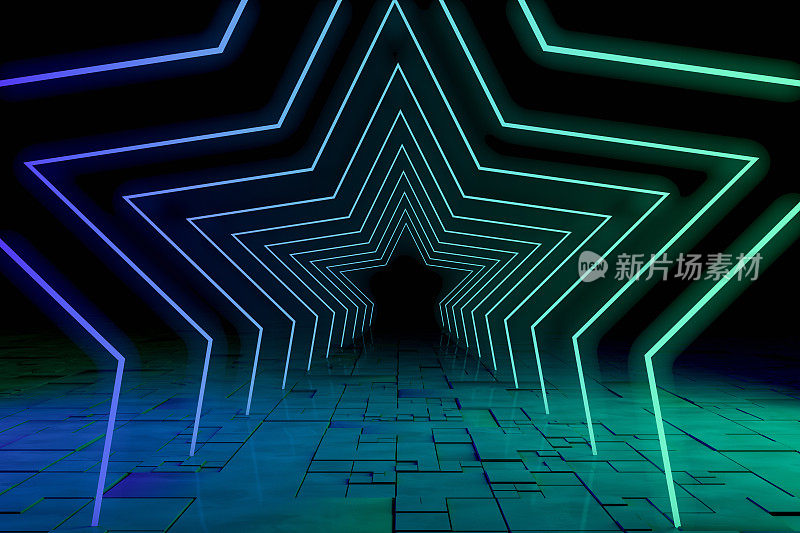紫外氖激光发光星形状线，光隧道，抽象三维背景