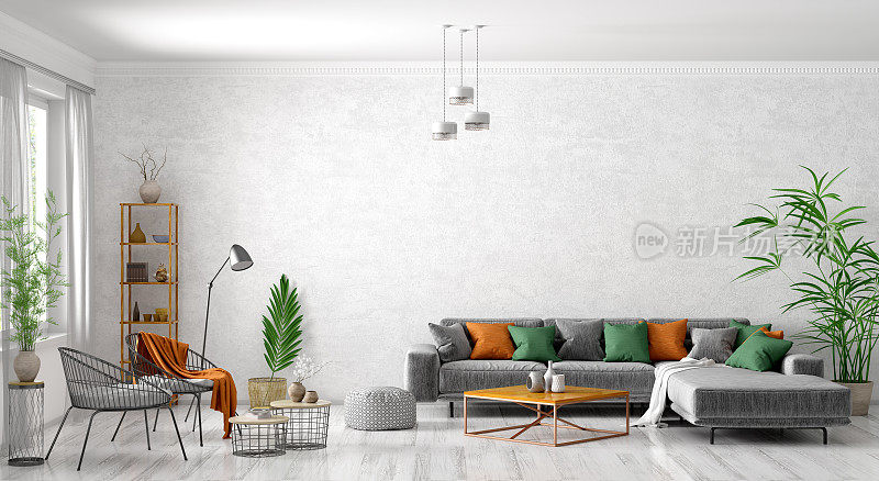 现代客厅内部采用灰色沙发、咖啡桌和扶手椅3d渲染