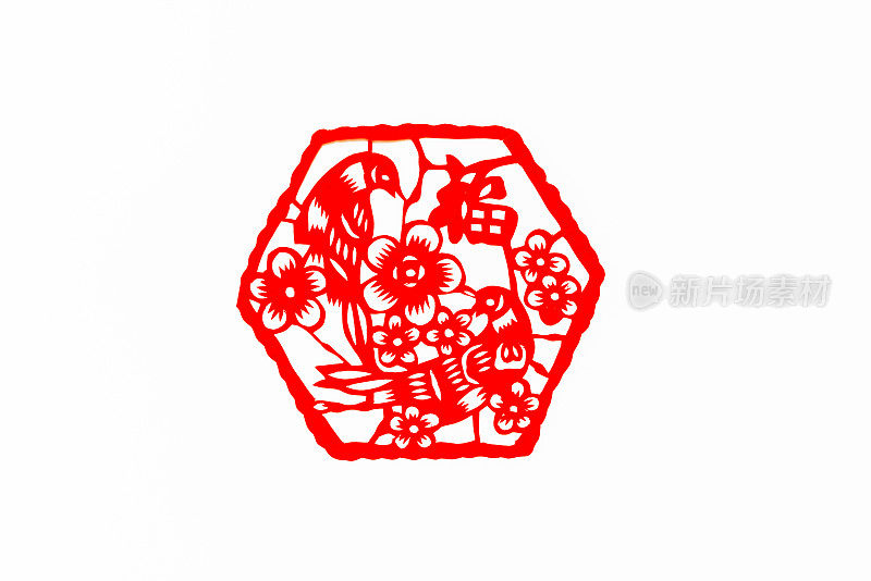中国传统剪纸艺术图案、花窗。象征着幸福和好运。中国新年装饰元素。(福、寿、安、财、丰)