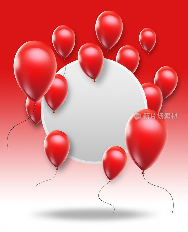 红色气球与圆形徽章框架复制空间