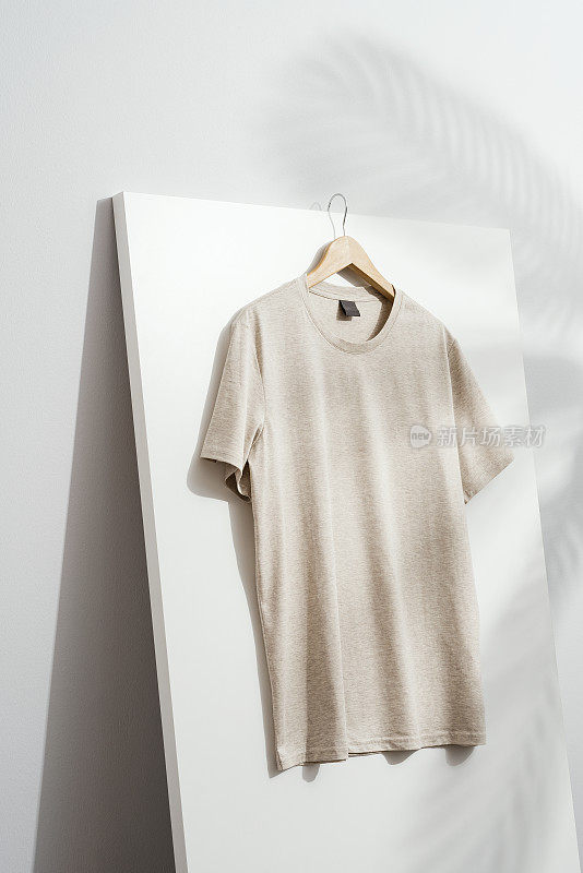 米色t恤模型，木制衣架上的模板