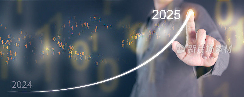 2025年新年快乐。一个人画了一条上升曲线，从2024年底上升到2025年初。新的一年，新的旅程，进步和成功。