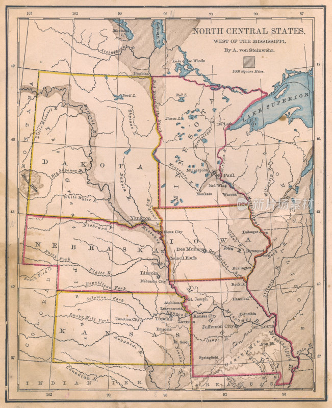 旧的，彩色地图北中央(美国)，从1800年