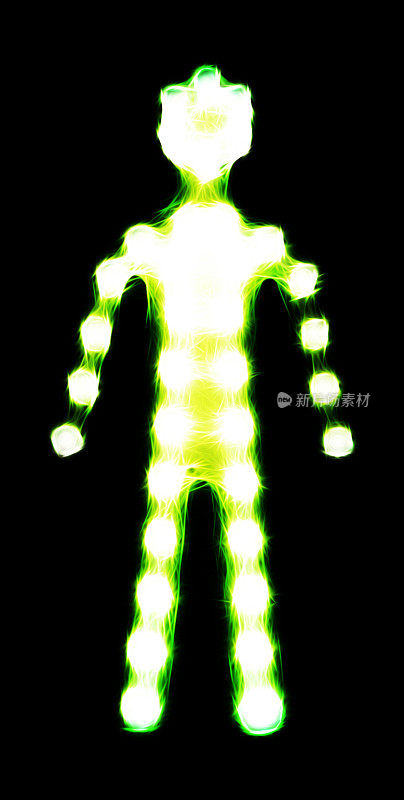 一个绿色发光的人站立剪影的正面视图