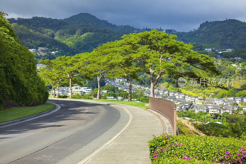 风景优美的檀香山，瓦胡岛，夏威夷俯瞰郊区的街道