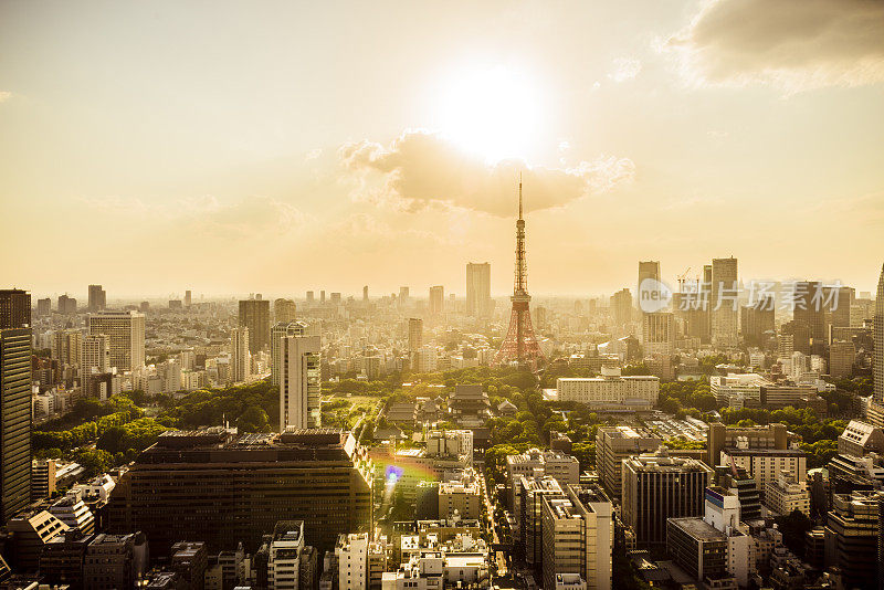 日落时分的东京塔和地平线
