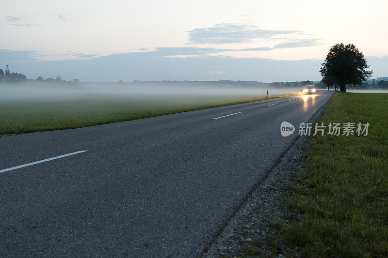 黎明时分，汽车行驶在雾蒙蒙的路上