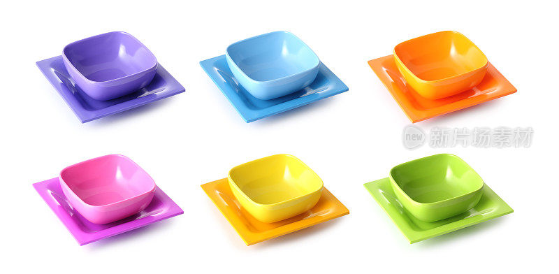 一套彩色的空碗与盘子