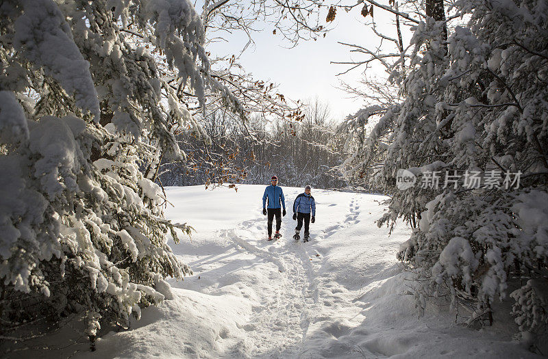 一对穿雪鞋的夫妇在一个晴朗的冬日在中西部。