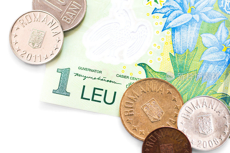 罗马尼亚列欧货币特写与一个列欧钞票和多个巴尼硬币