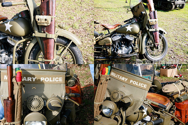 二战时的军用摩托车的蒙太奇。