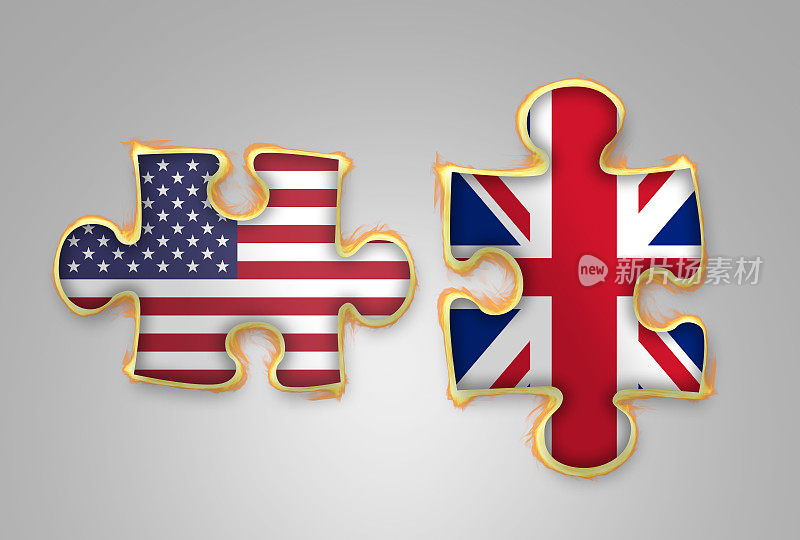 燃烧三维拼图国旗的美国和英国