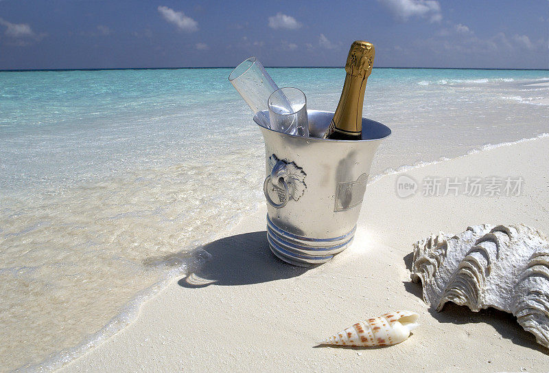 豪华度假——马尔代夫热带海滩上的双人冰香槟。