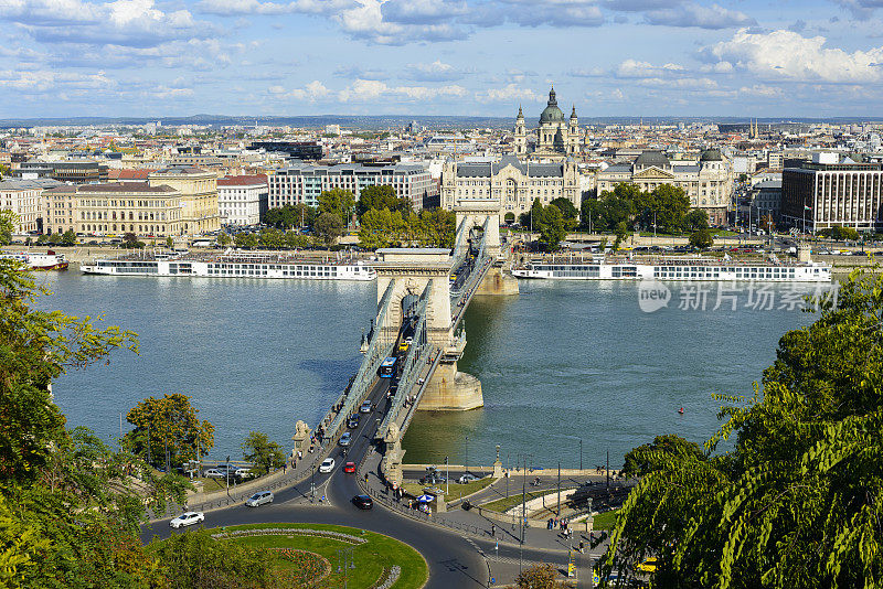 多瑙河上的铁链桥和布达佩斯城市天际线，匈牙利