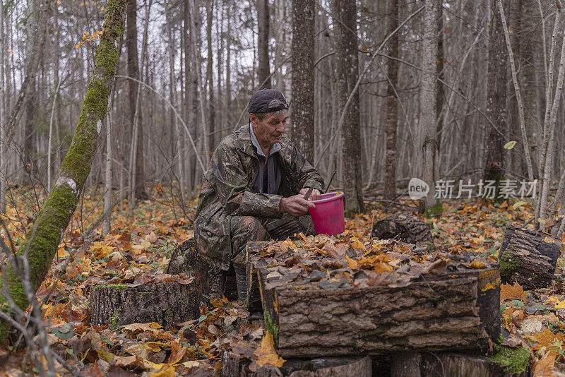 一名年长男子坐在森林里一棵倒下的树干上，整理刚采摘的蘑菇。