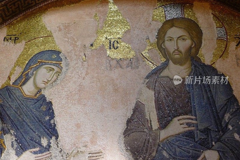 伊斯坦布尔乔拉教堂中圣母和耶稣基督的古老拜占庭镶嵌画