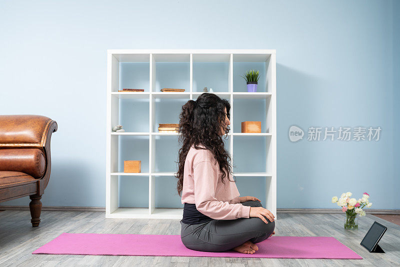 成年女性在客厅上网学习瑜伽