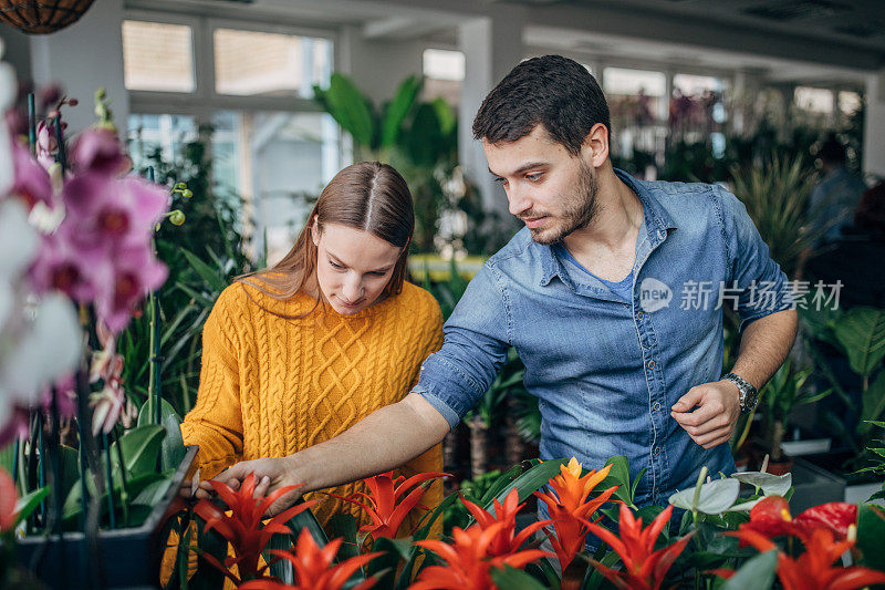 年轻夫妇在看花