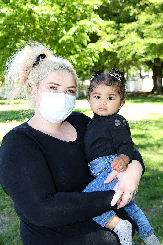 母亲和女儿都戴着口罩，以防止冠状病毒感染