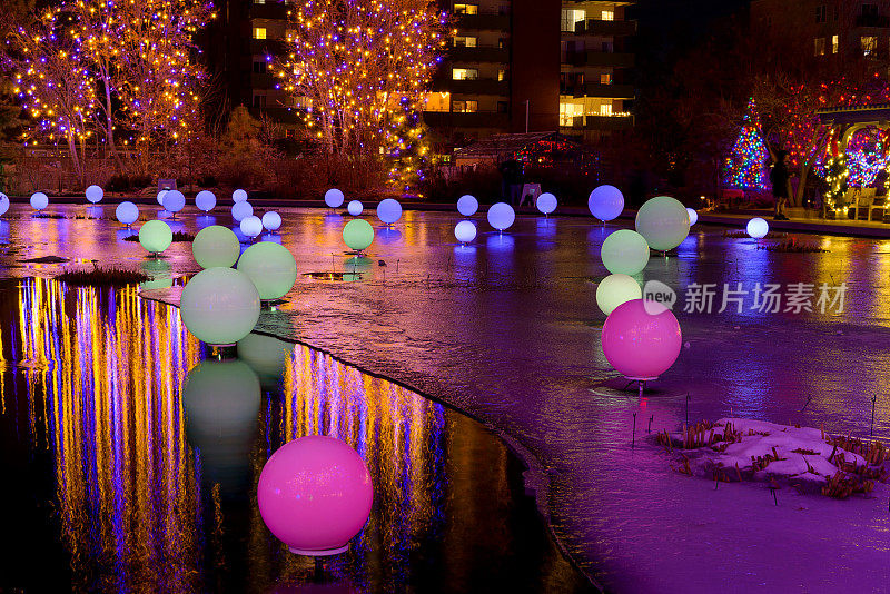 池塘里的灯-一个广角的彩色灯光夜景照亮了丹佛植物园的一个冻结的池塘在它的节日光的花朵事件。美国科罗拉多州丹佛市。