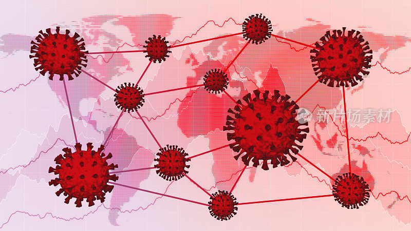 红色冠状病毒细胞在明亮的世界地图上扩散