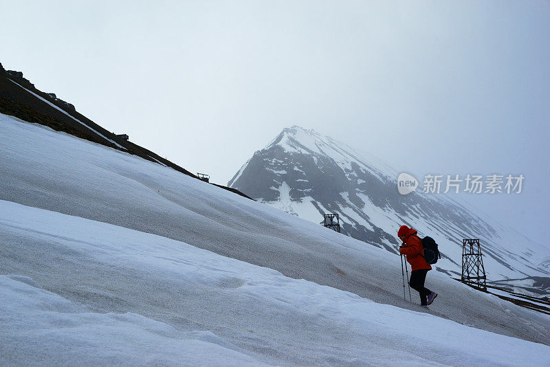 在斯匹次卑尔根山徒步旅行的人在伊斯峡湾斯匹次卑尔根山的景色