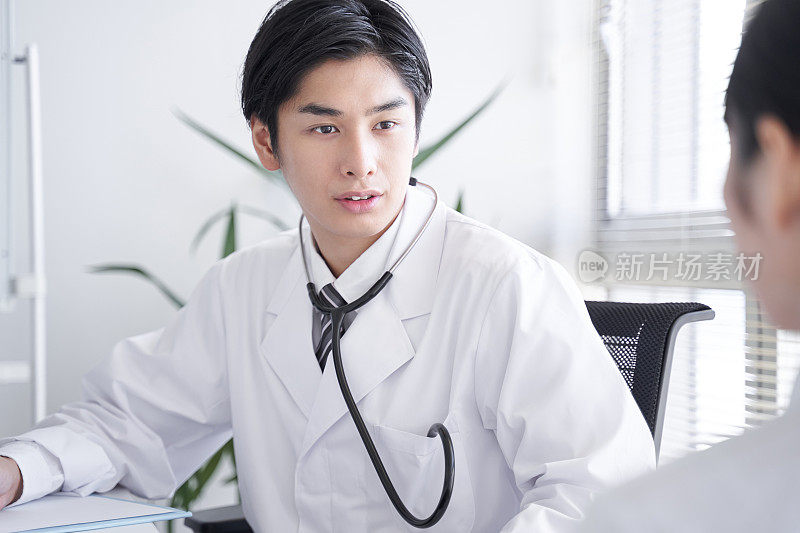 一位日本男医生正在给一位女上班族做检查