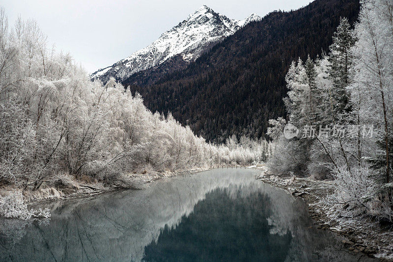 这是阿拉斯加的风景图片,河中有高山的倒影,还有结霜的树木。