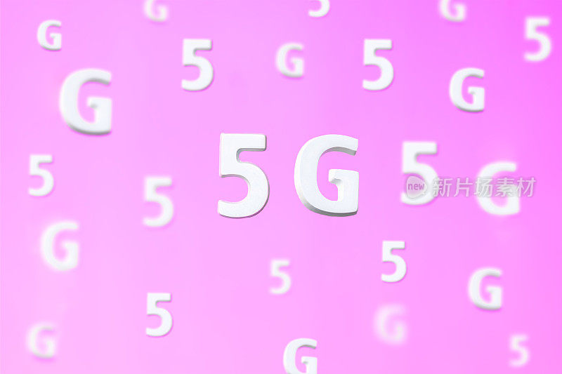 图案与大的白色飞行字母5g在粉红色的背景。创造性的概念。现代无线高速移动互联网。连接技术的手机，笔记本电脑，手机。在家里，工作中，商业中使用