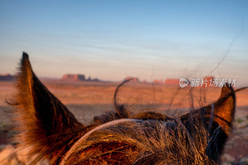 在夏日日落时分，马背上模糊地看到了著名的纪念碑谷部落公园的巴茨山