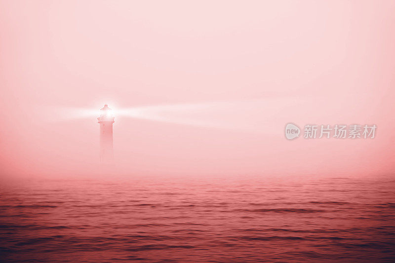 雾海中孤独的灯塔。2021年的珊瑚色