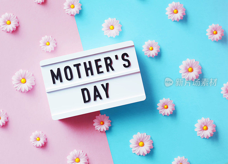 母亲节的概念-写在白色灯箱里的母亲节坐在粉红色和蓝色背景的雏菊中