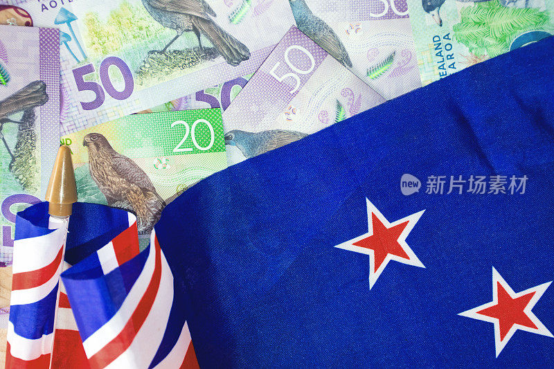 新西兰货币(NZD)与新西兰国旗背景