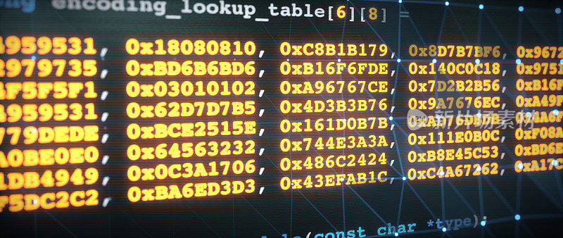 简单的黄色加密计算机数据在蓝色的数字表面与发光的三角形网格图案。水平、侧视写作。